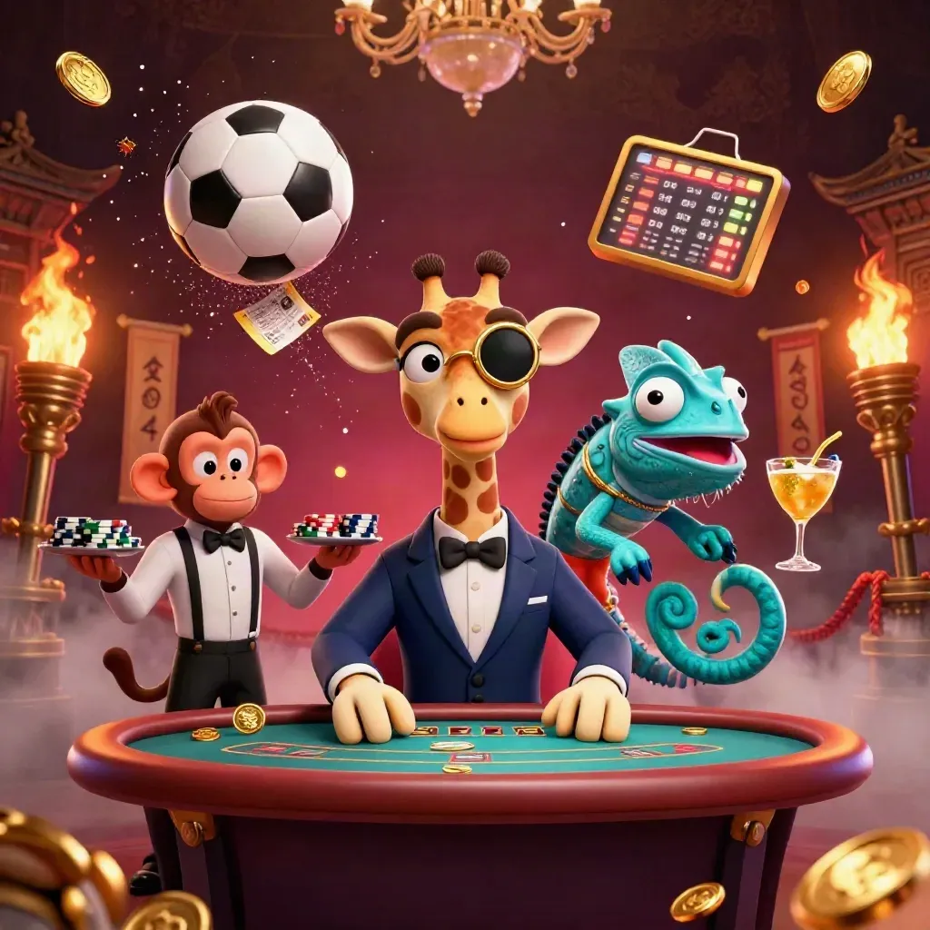 Giraffe, monkey, and chameleon in neon casino glam with flying balls, chips, and torchlight.