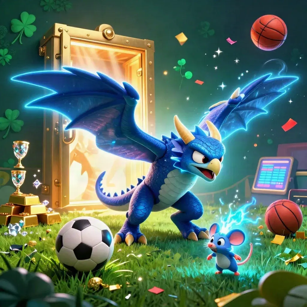 Thunder dragon, hawk and mouse amid gold vault riches, flying balls, neon sparks and casino glow