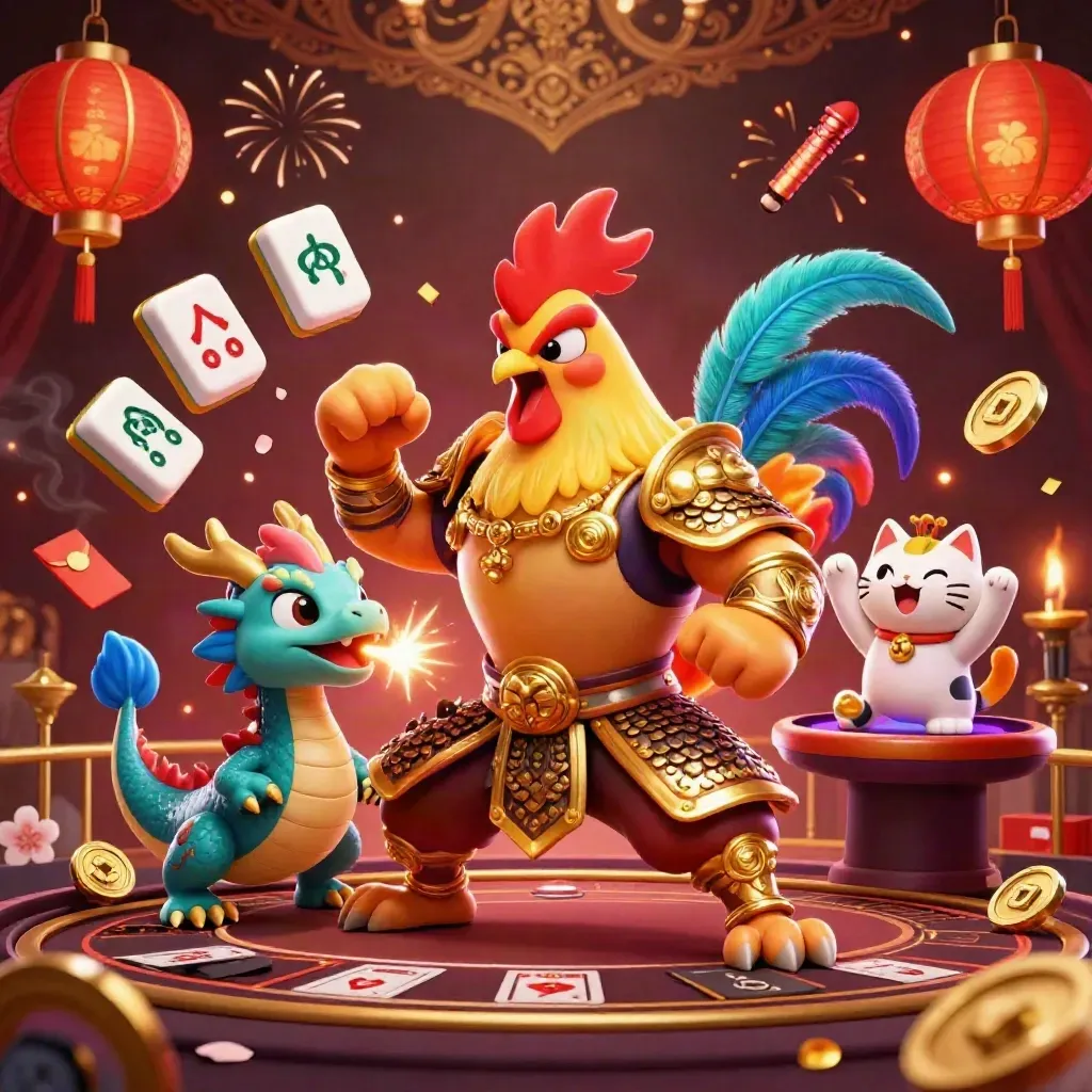 Rooster warrior, dragon hatchling, and fortune cat amid neon casino lights and mahjong pieces.