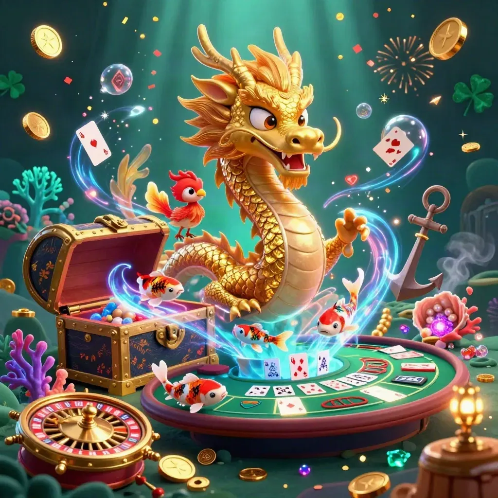 Golden dragon, phoenix, koi, and casino treasures in a neon underwater cove with fireworks.