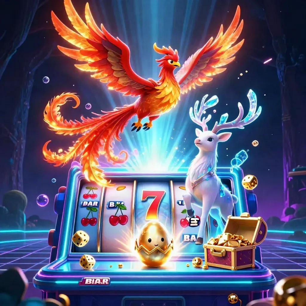 Phoenix, hatching egg and crystal stag burst from a neon slot machine with gold and gems.
