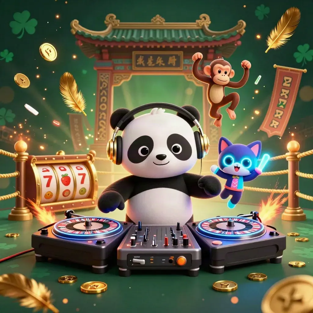 DJ panda, breakdancing monkey, and neon kitten erupt in a casino-jungle neon burst