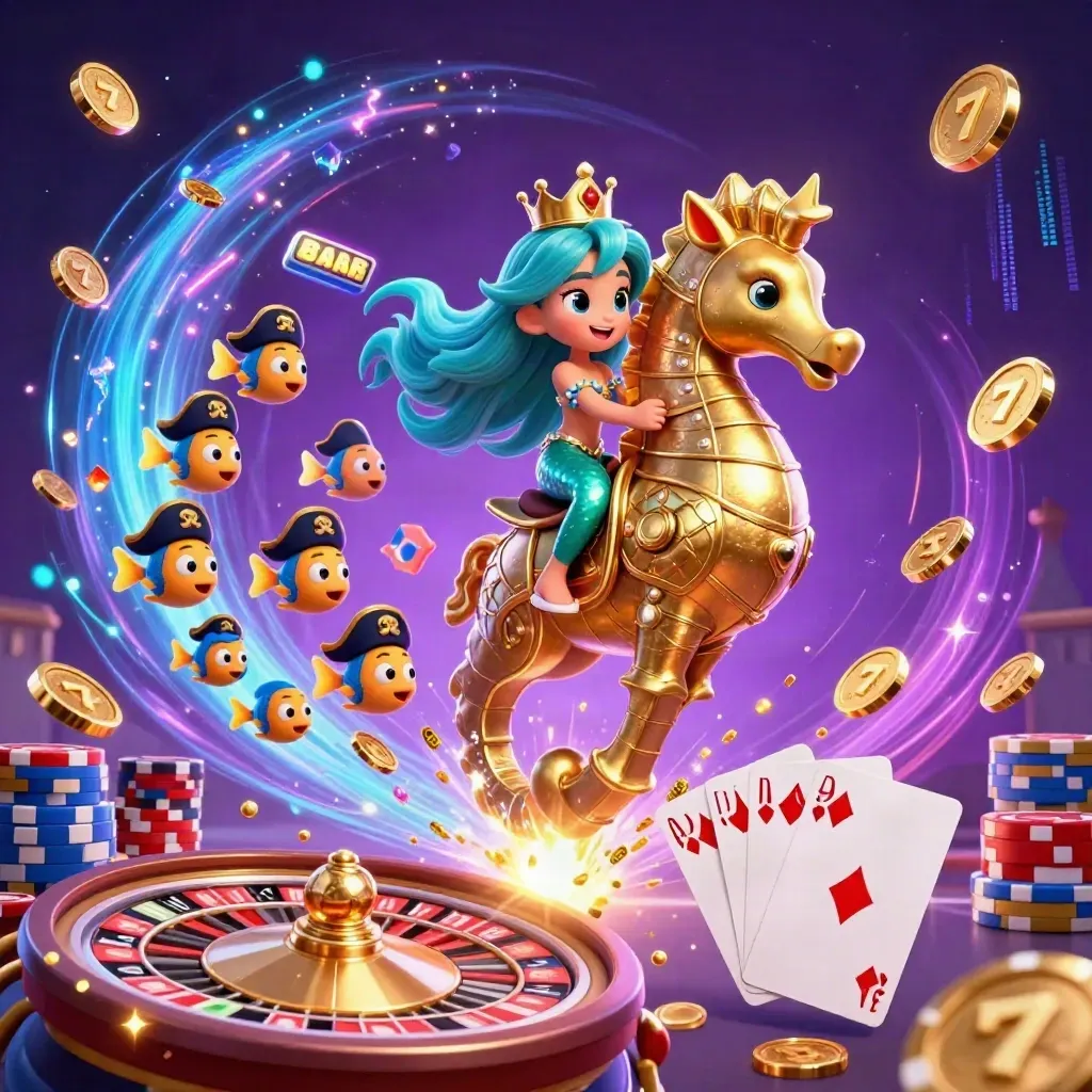 Mermaid princess on armored seahorse with pirate fish, coins, gems, chips, cards, and neon casino effects