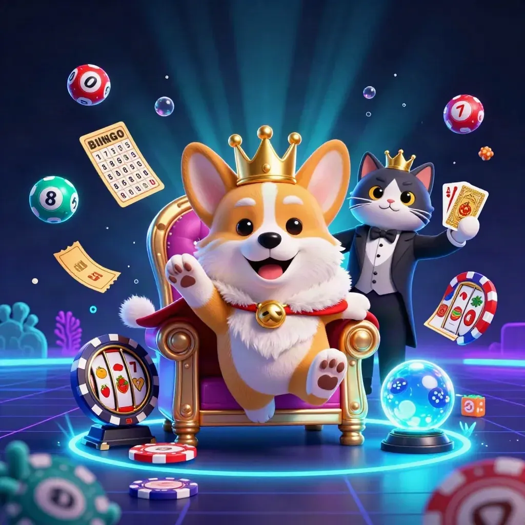 Crowned corgi and cat butler amid casino odds, lottery balls, prize wheel, and neon blue glow