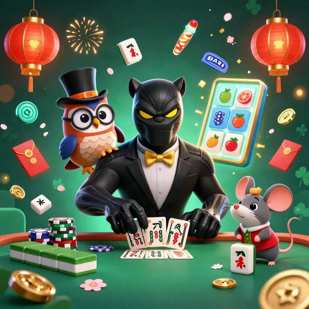 Panther, owl and mouse in neon casino chaos with lanterns, coins and flying chips