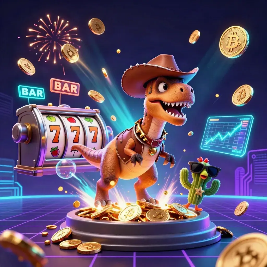 Cartoon cowboy T-Rex, cactus, and roadrunner celebrate amid vault coins, fireworks, and neon casino effects.