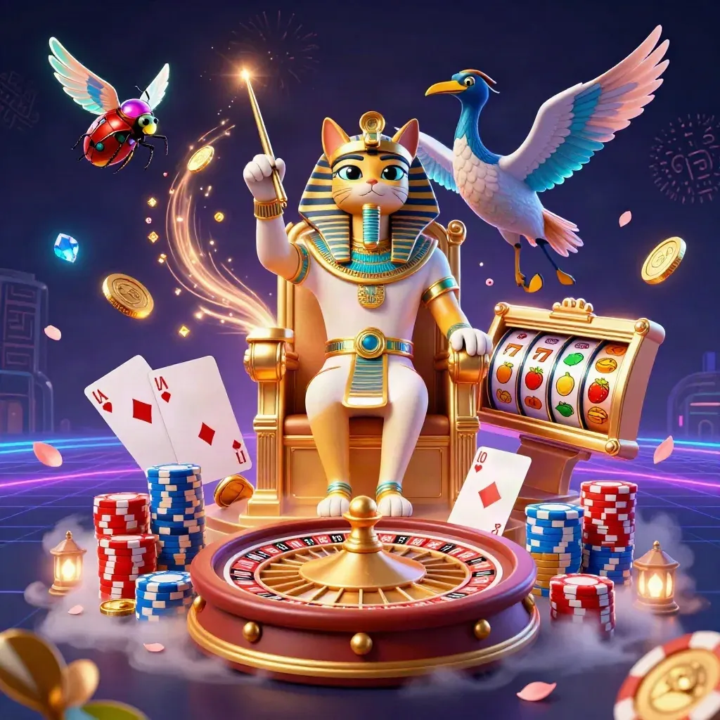 Pharaoh cat, ibis scribe and scarab beetles amid coins, gems, roulette wheel and fireworks.