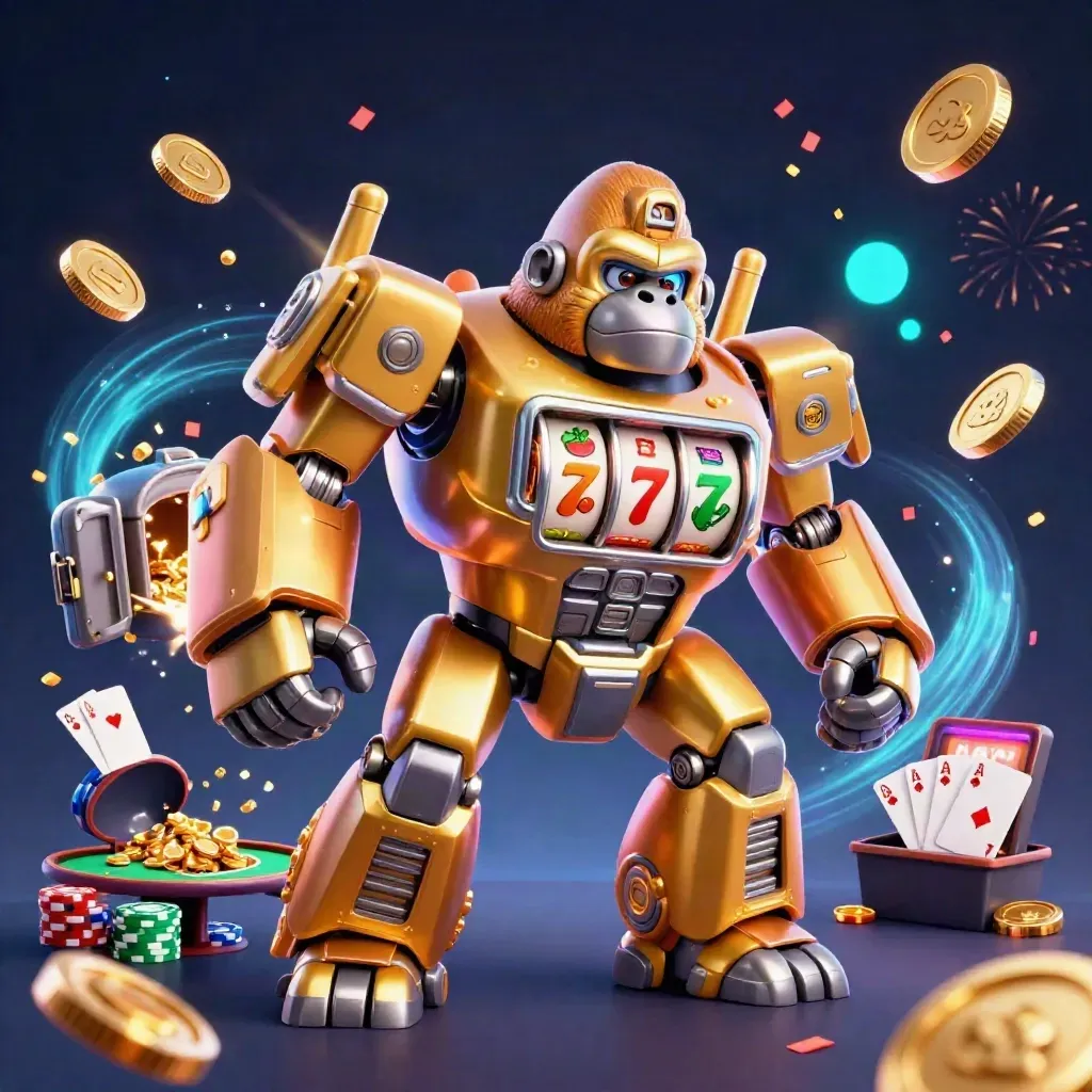 Golden gorilla mech and monkey pilot burst amid coins, chips, cards, fireworks, and neon blue glow.