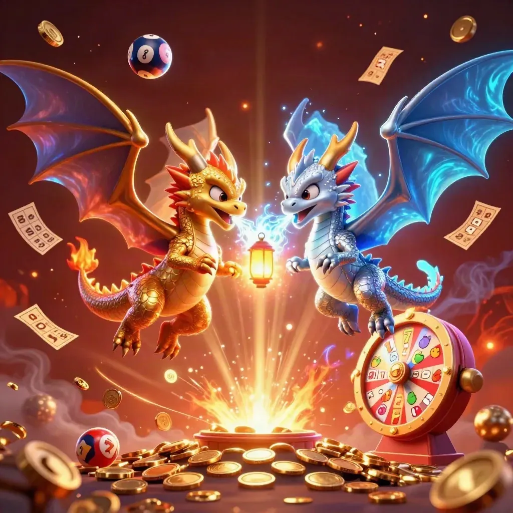 Gold and silver dragons swirl amid coins, tickets, reels, fireworks, and neon casino effects.