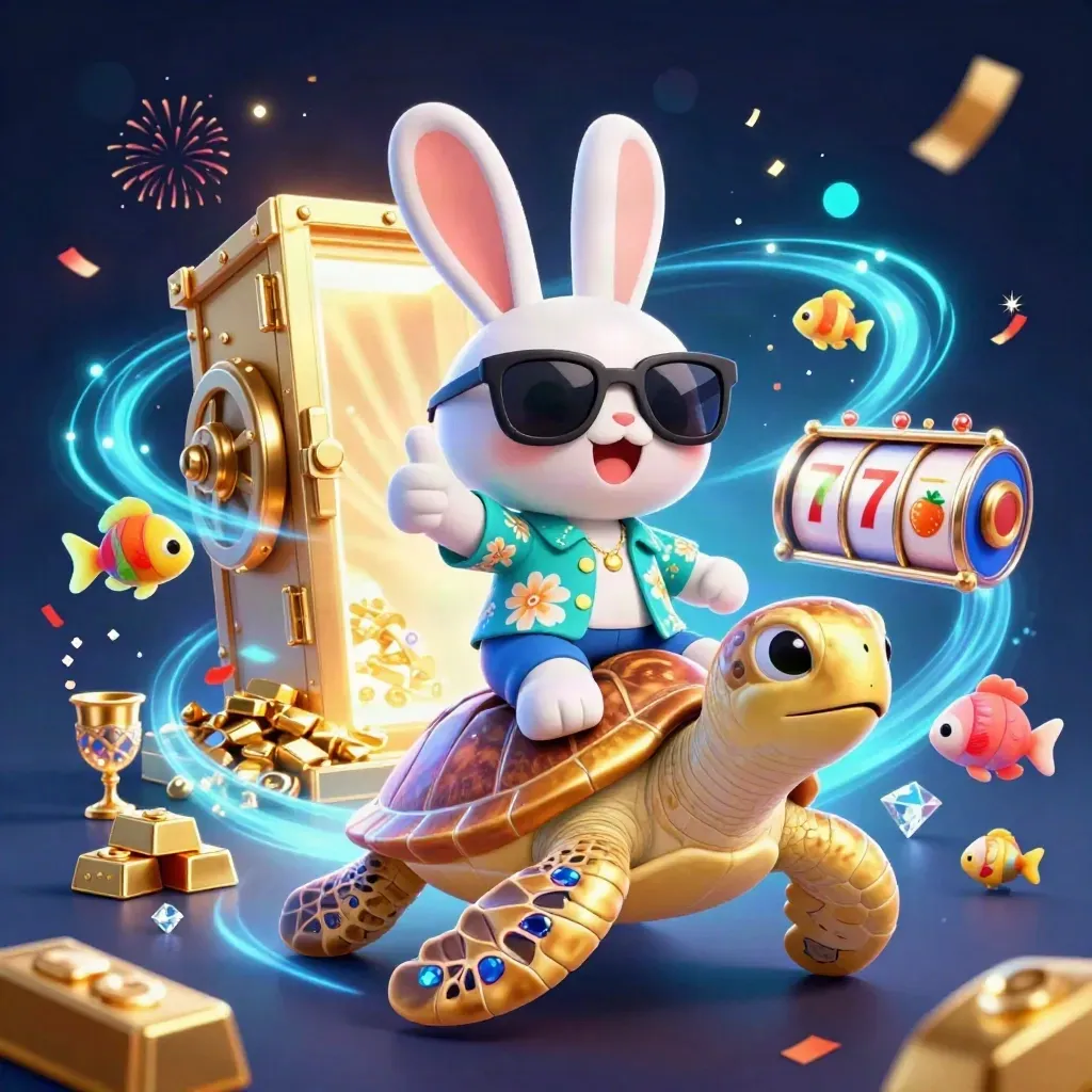 Lucky rabbit rides a gold sea turtle as a vault bursts with gems, reels and neon casino energy.