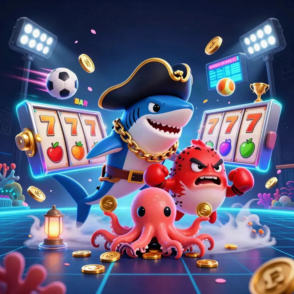 Pirate shark, boxing pufferfish and coin-juggling octopus in neon casino chaos.