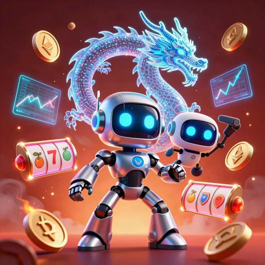 Cyberpunk robot, holographic dragon and coin drone amid glowing casino symbols