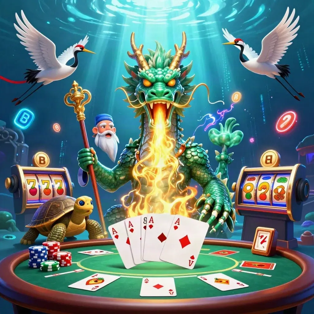 Jade dragon, turtle sage, and cranes amid poker chips, slot reels, and neon underwater light.