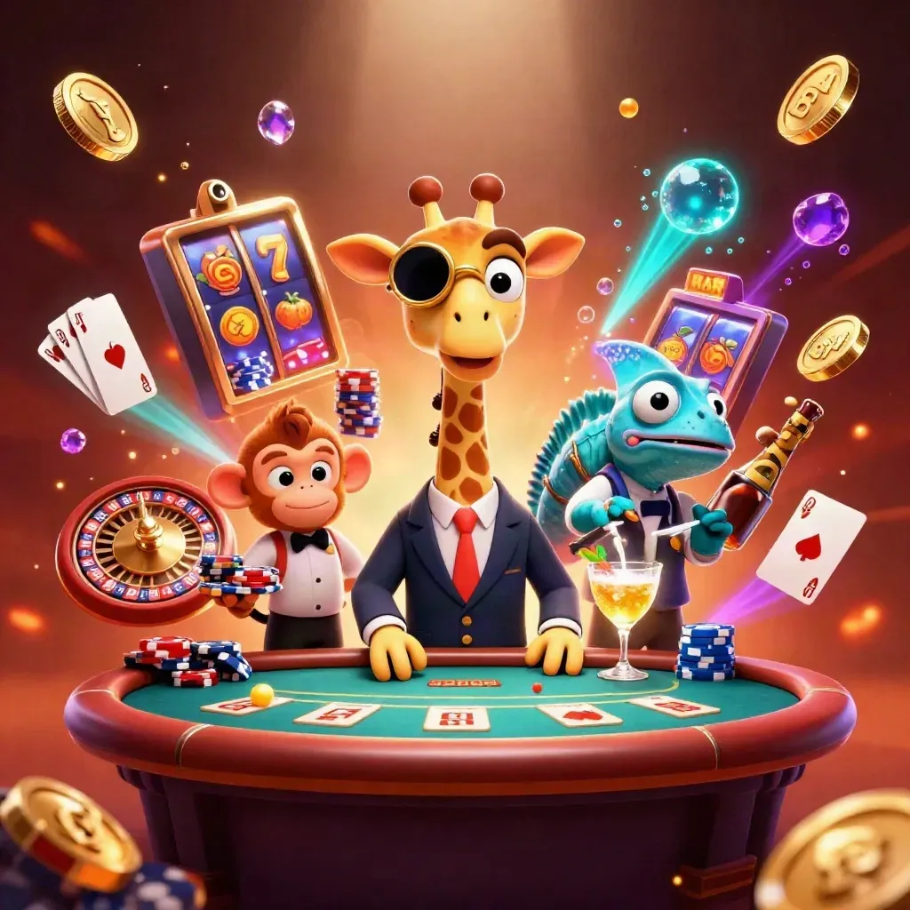 Giraffe, monkey valet, and chameleon bartender amid chips, coins, cards, and a spinning roulette wheel.