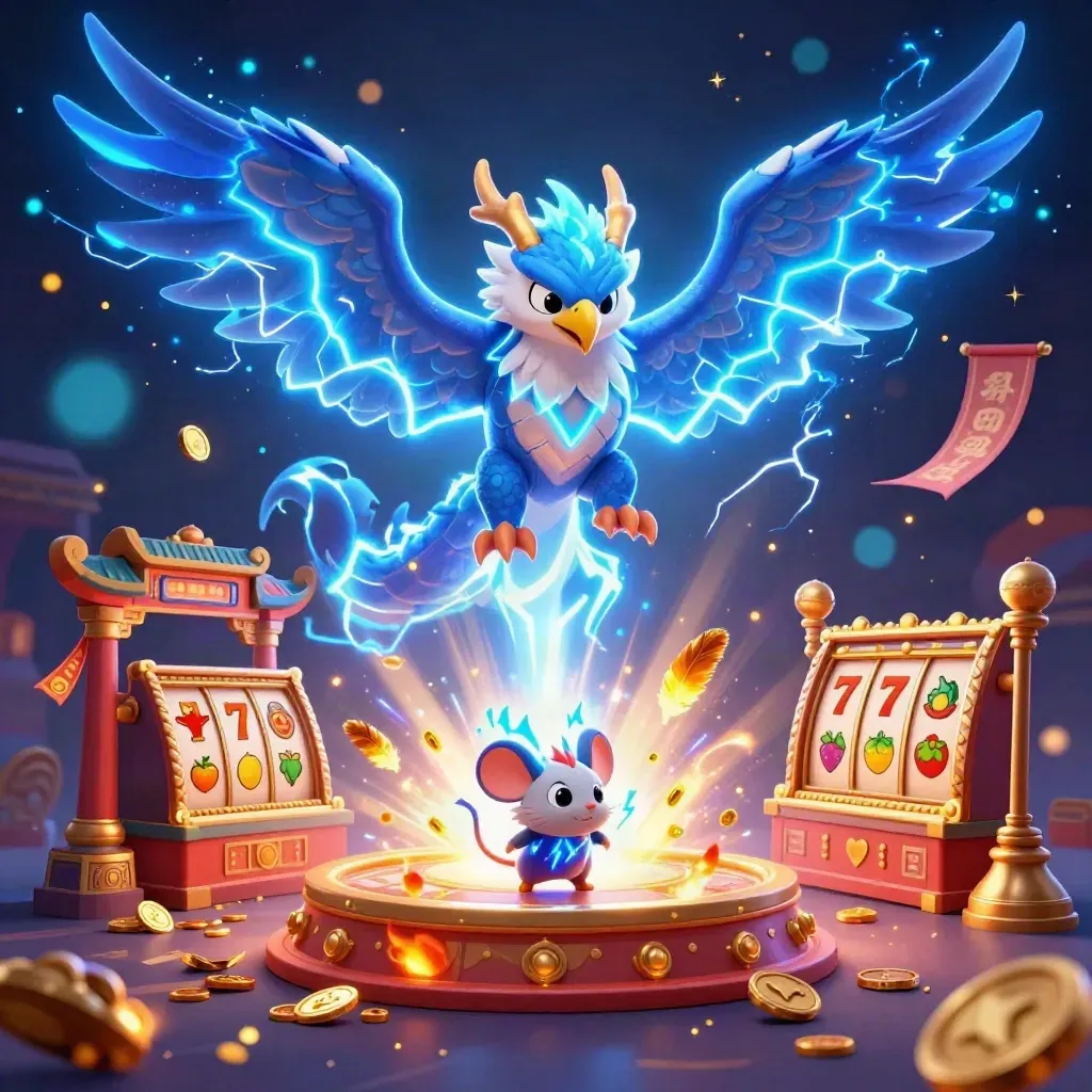 Thunder dragon, glowing hawk, and static mouse amid neon reels, coins, and a temple gate.