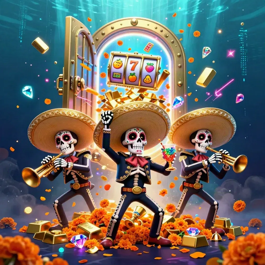 Day-of-the-Dead skeleton mariachi trio amid gold vault, gems, neon slot symbols, underwater glow