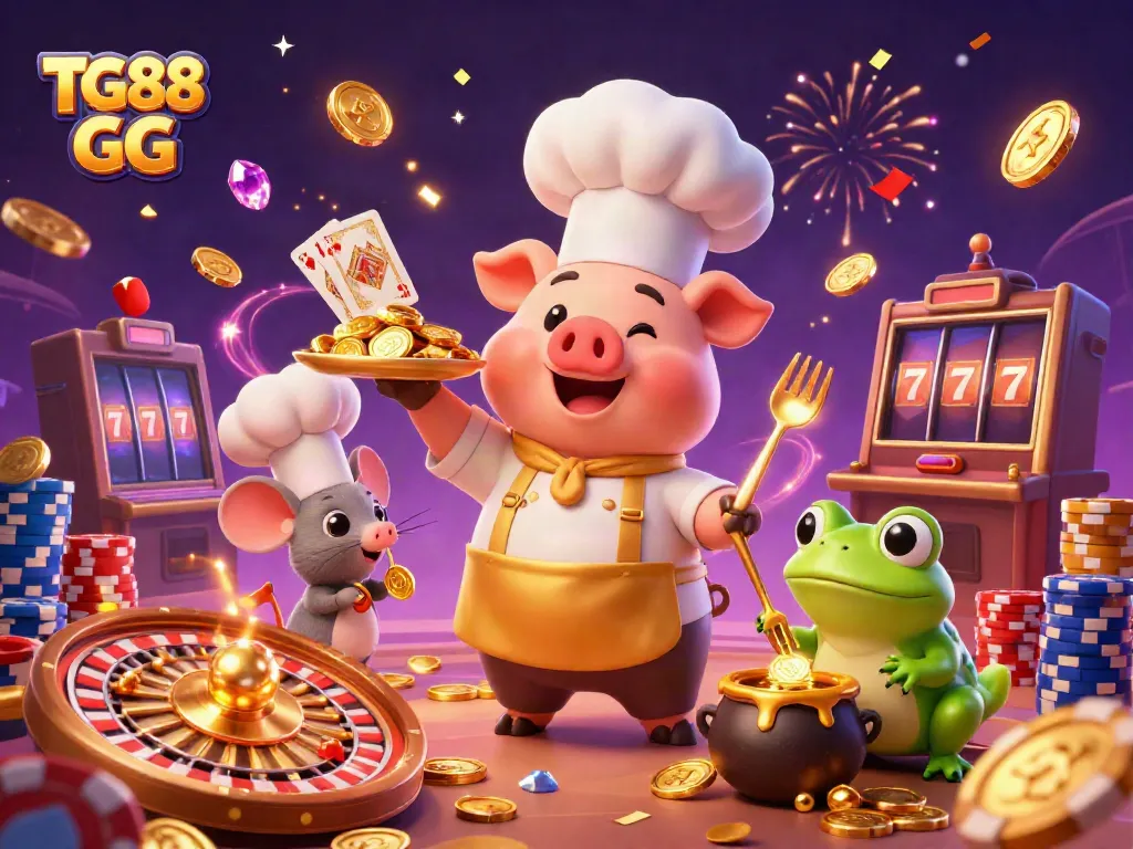 Experience winning thrills with TG88 GG's festive casino scene packed with gold coins and vibrant energy.