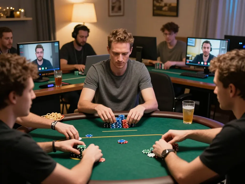 Players engaged in an exciting online poker game at rikvip with vibrant digital elements and personal connections.