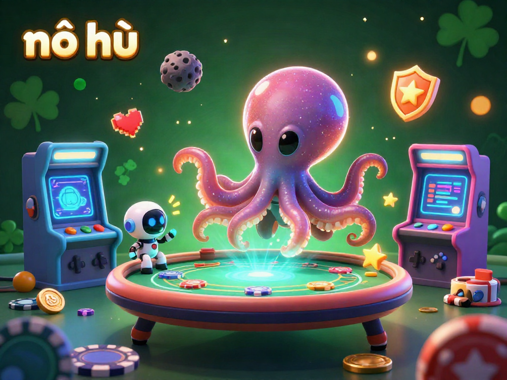 Nỗ hũ themed cartoon featuring a cosmic octopus and robot at a holographic poker table.