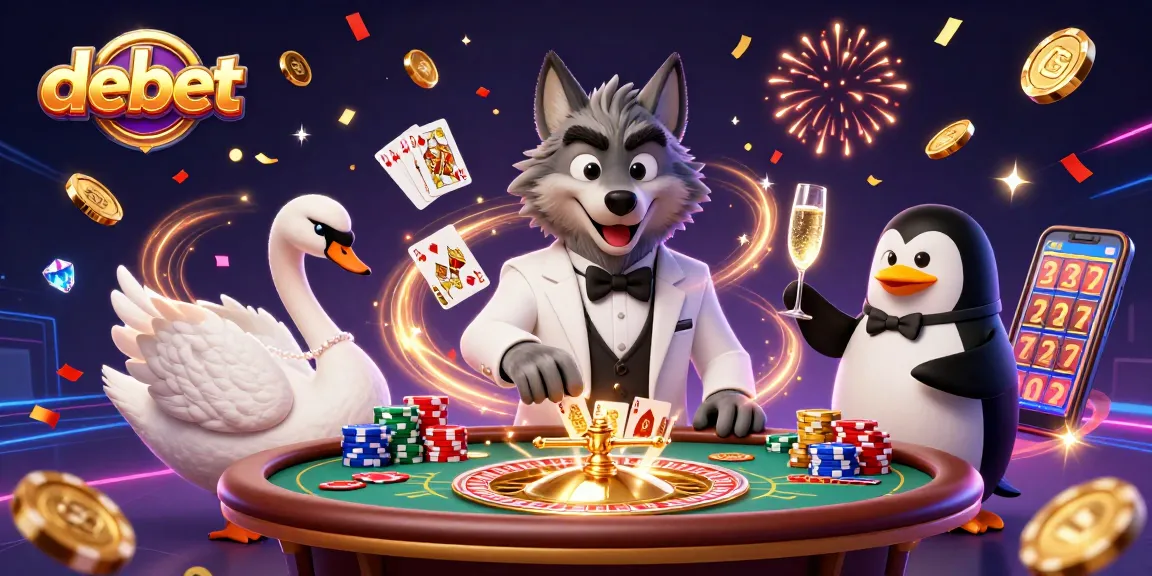 Experience debet's thrilling gaming atmosphere with a glamorous wolf, swan, and penguin at their casino tables.