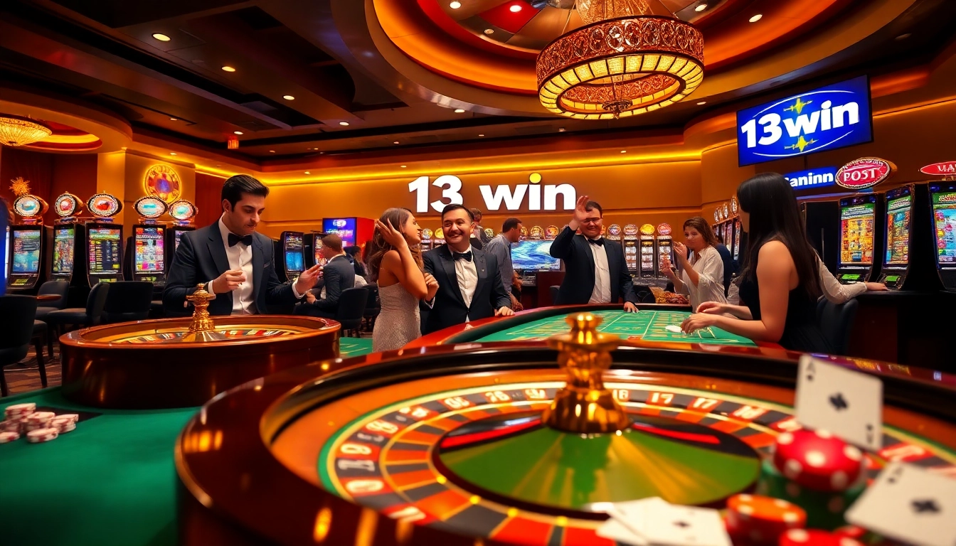 Experience the excitement of 13win with a vibrant casino scene showcasing interactive games and professional dealers.
