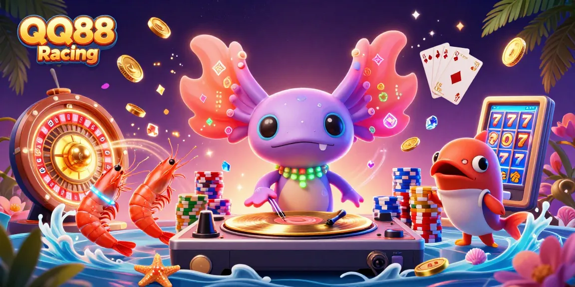 Experience thrilling action at QQ88 Racing with vibrant 3D illustration of underwater gambling, featuring dynamic characters and casino elements.