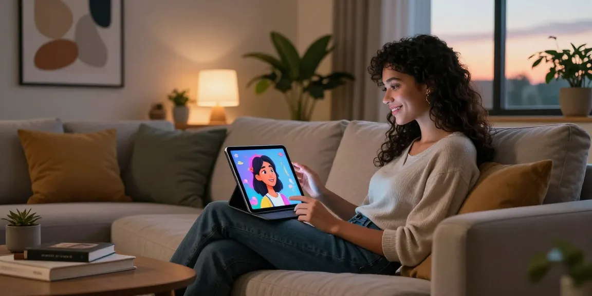 Engaging interaction with an AI girlfriend displayed on a tablet in a cozy living room.