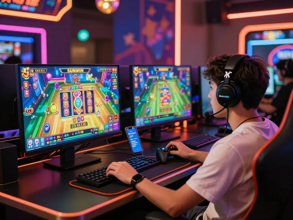 Experience the thrill of online gaming at Sunwin, showcasing vibrant graphics and engaging gameplay in a modern gaming setup.