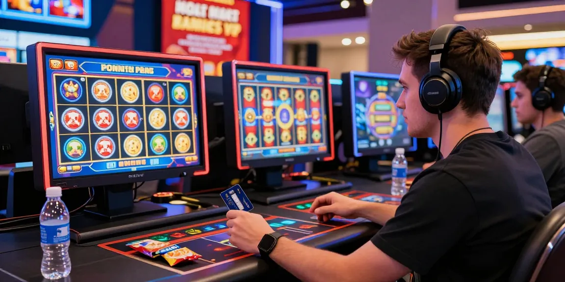 Engaging scene of a player enjoying credit card casinos, focused on vibrant slot games with a stylish credit card in hand.