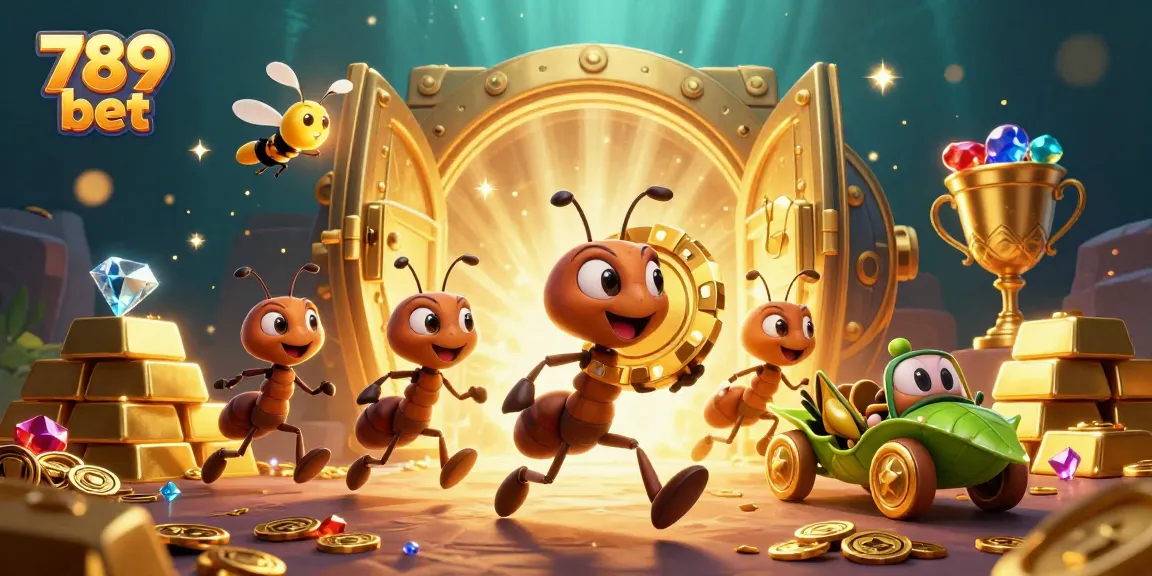 Experience the thrill of 789 bet with a dynamic 3D scene featuring playful ants and treasures.