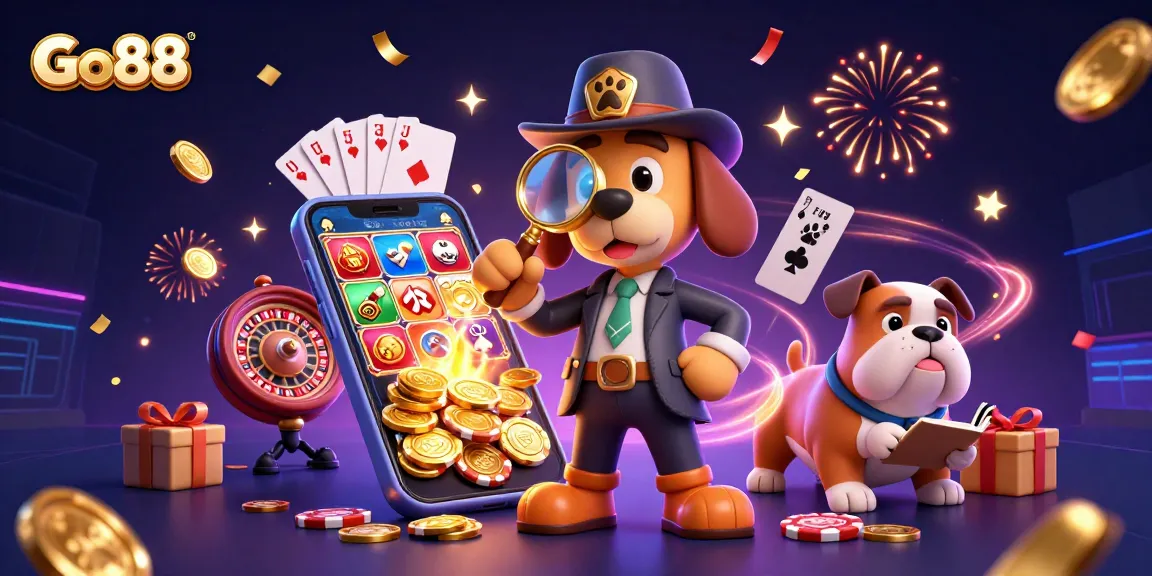 Experience the adventure at Go88 with a detective examining a poker chip within a vibrant casino scene.