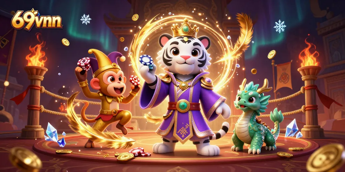 Win big at 69vnn with a lively scene of a tiger, monkey, and dragon in a dazzling casino.