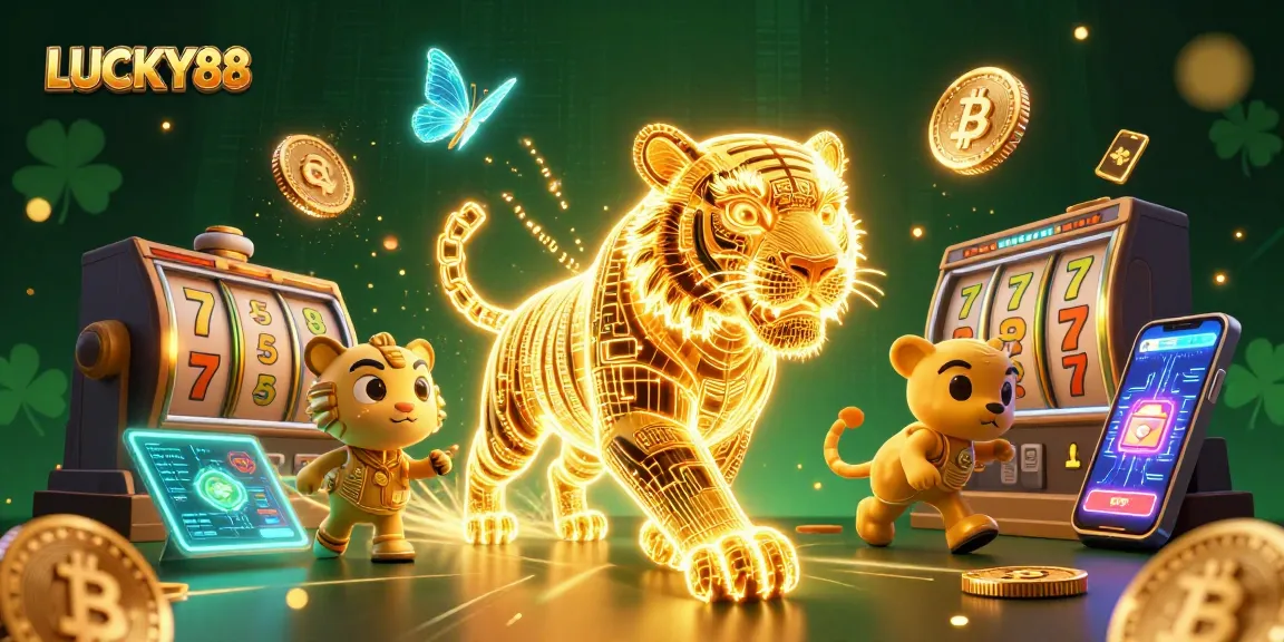 LUCKY88 offers an exhilarating scene with a golden tiger prowling through a vibrant digital casino landscape.