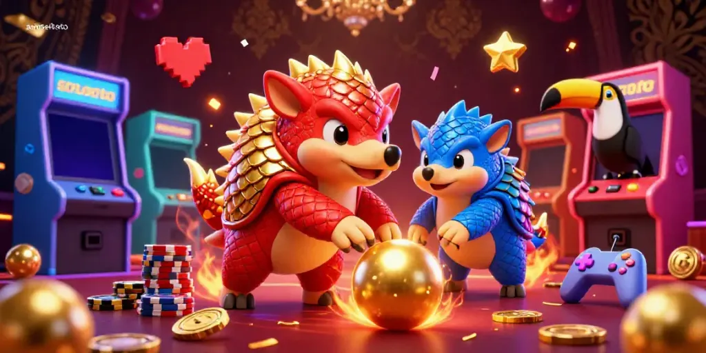 Experience the fun at sumseltoto with cartoon pangolins competing in a vibrant casino atmosphere.