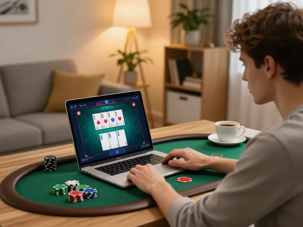 Engaging in poker gaming at home through fly88 with a cozy setup and warm lighting.