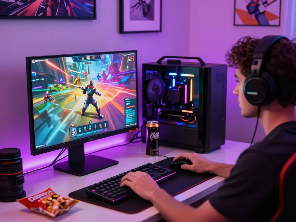 Engaged player on the Trang chủ Go88 enjoying a vibrant online gaming experience with colorful graphics and modern peripherals.