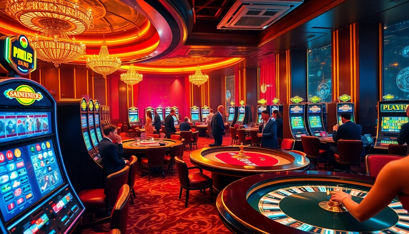 Experience vibrant gambling excitement at the luxurious casino with newphim themed visuals showcasing poker chips and roulette wheels.