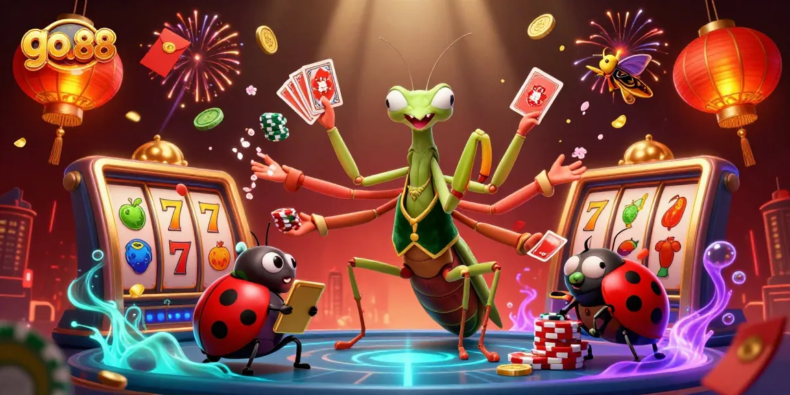 Engage in thrilling gameplay with go 88's vibrant casino scene featuring a giant praying mantis and ladybug characters.