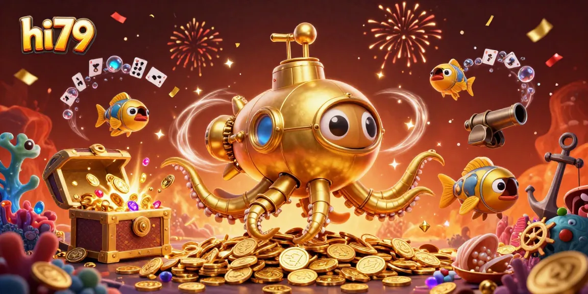 Experience the excitement of hi79 with this vibrant underwater casino adventure, featuring gold coins and gaming treasures.