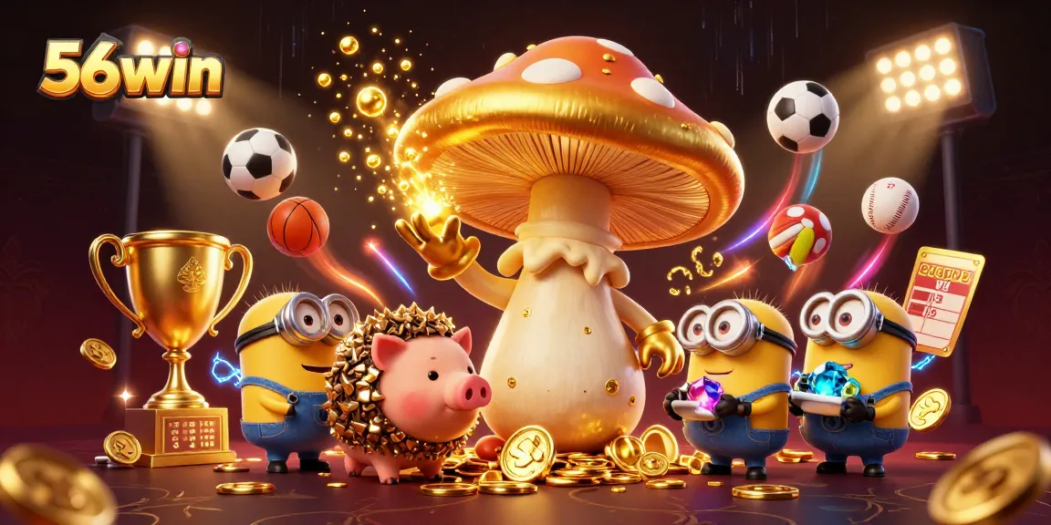 Experience the thrill of winning with 56win in a vibrant casino illustration featuring magical treasures and dynamic sports elements.