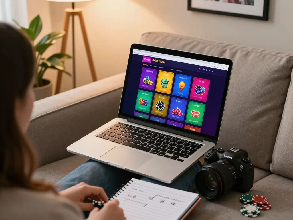 lu88 online gaming scene showcasing a cozy home setup with laptop, chips, and strategy notes