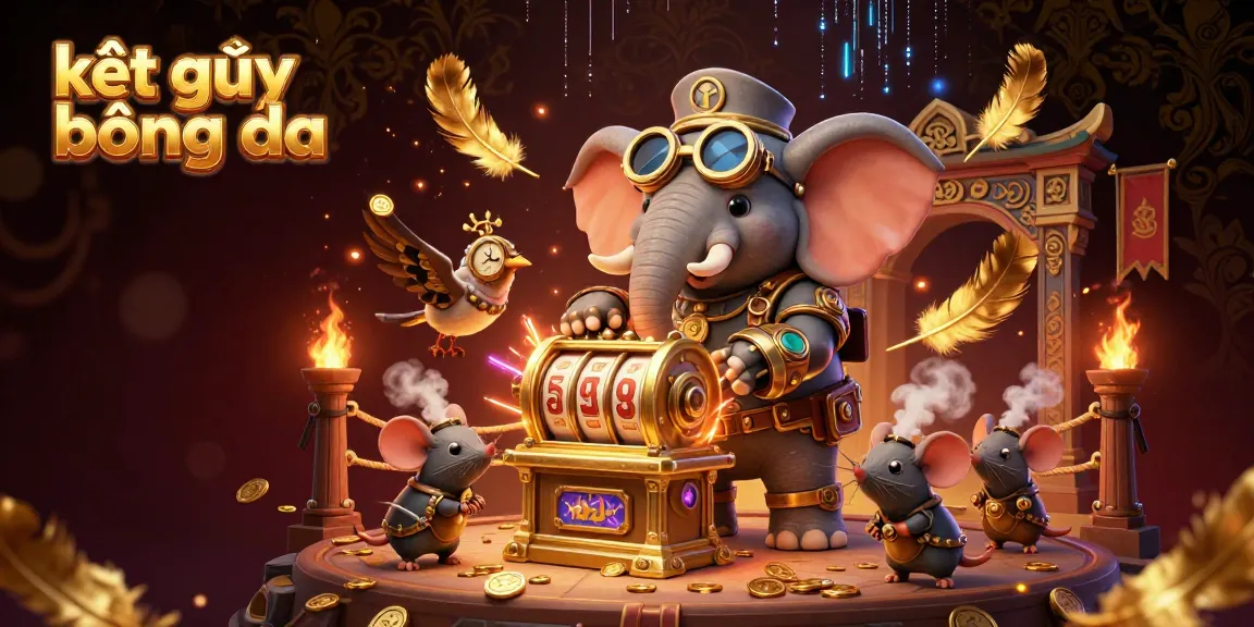 Experience the excitement of kết quả bóng đá with a dynamic 3D scene showcasing a steampunk elephant engineer operating a golden slot machine.