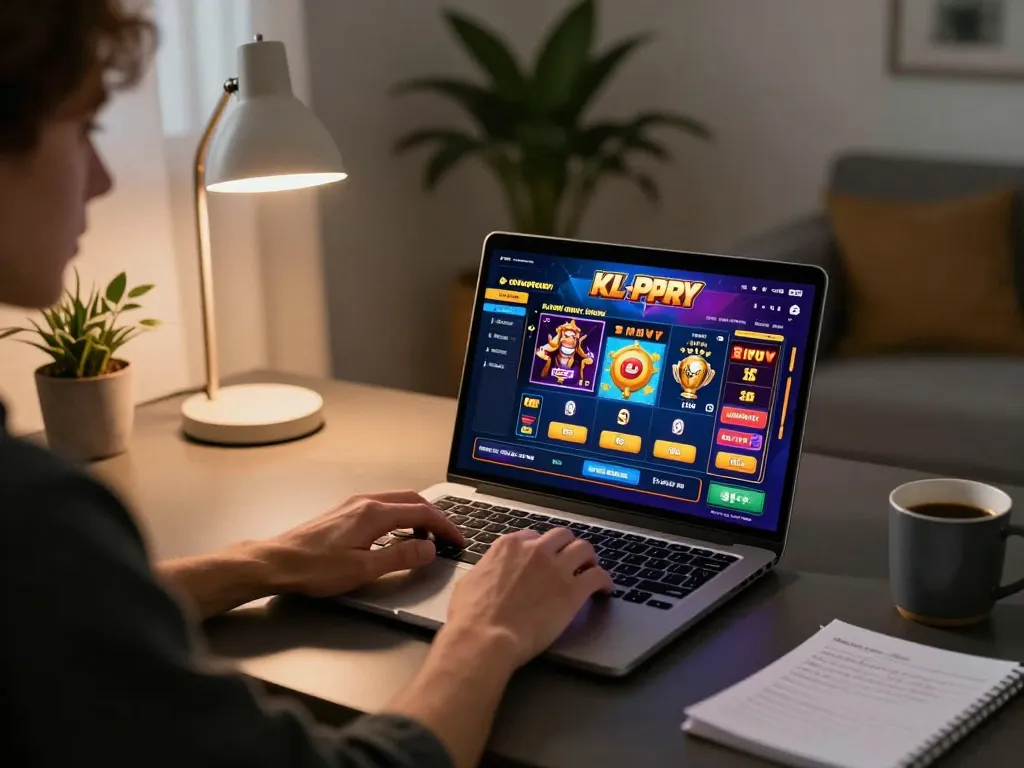 Player engages with online slots featuring exciting graphics and strategic options, enhancing gambling experience at home 122