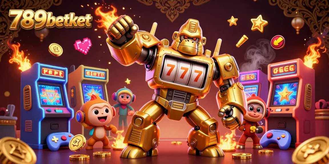 Engage with 789betket as the golden gorilla mech showcases thrilling casino action with slot machines and coins.
