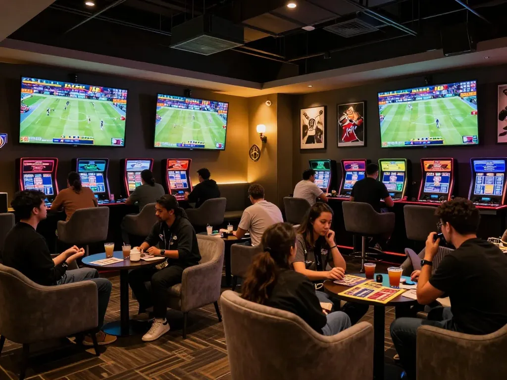Dafabet betting enthusiasts reveling in a state-of-the-art lounge with live games displayed on screens