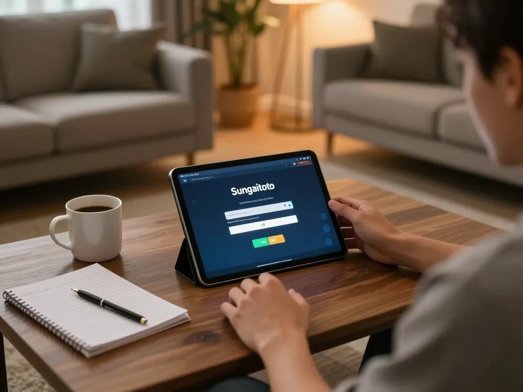 sungaitoto login interface showcased on a tablet, person engaged in responsible online gambling.