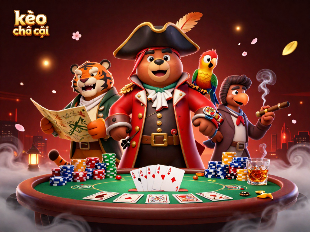 Engage with kèo nhà cái as a 3D pirate captain bear navigates poker treasures and vibrant casino elements.