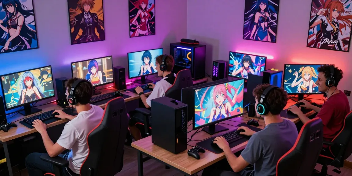 Group of gamers enjoying a hentai game in a colorful, cozy setting with anime decor and gaming gear.
