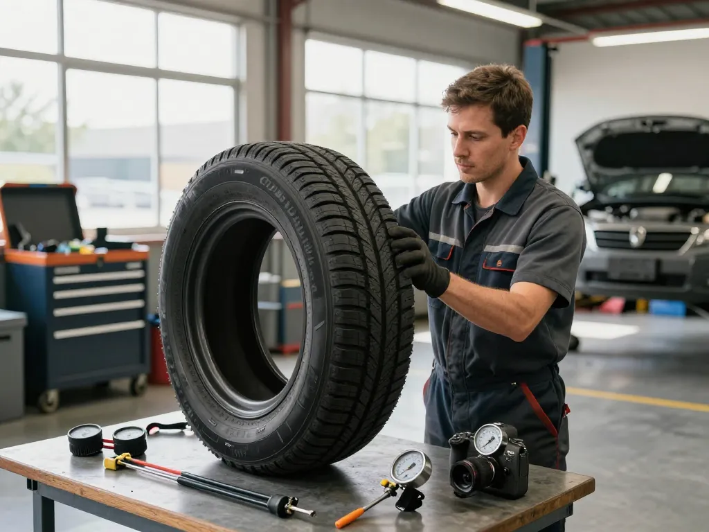 Mechanic inspecting a Double Coin RR99 tire in an automotive workshop.