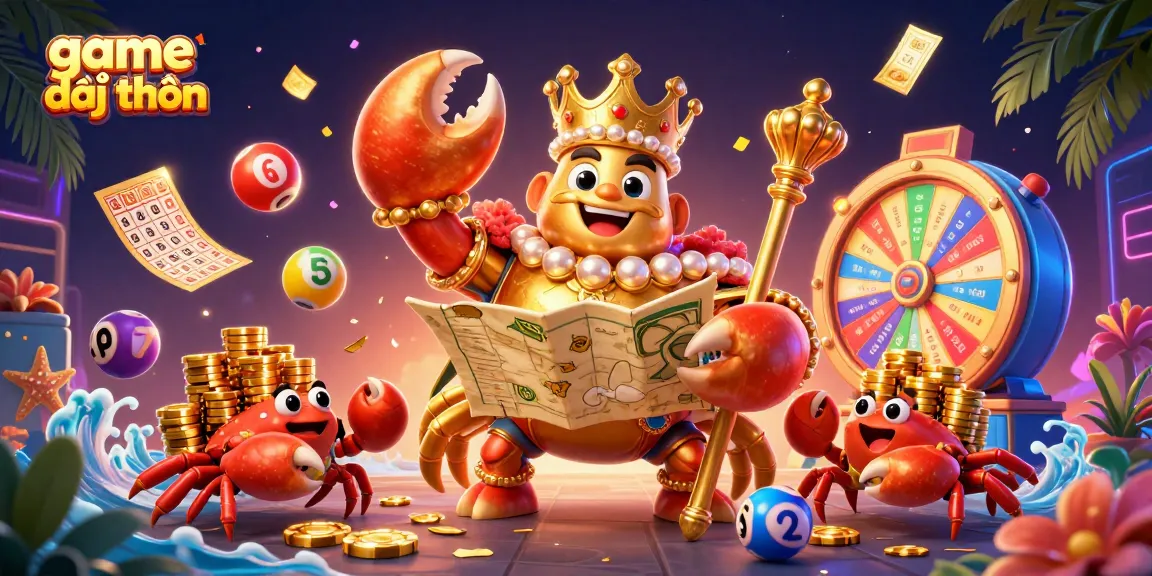 Experience the thrill of game đổi thưởng through vibrant lottery elements and a majestic crab emperor.
